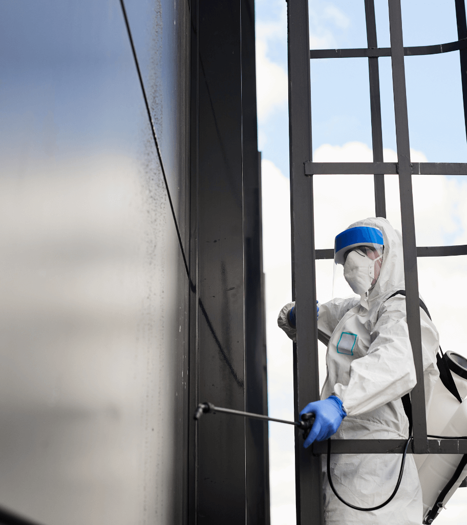 Spezialreinigung an Gebäudefassade durch Reinigungsfirma in Erfurt mit professioneller Schutzausrüstung